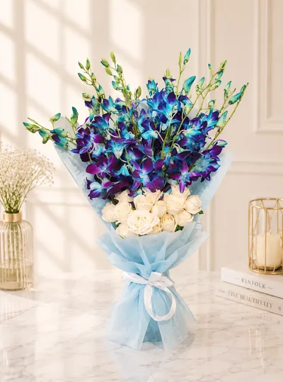 Blue Orchid & White Roses Bouquet — view 1