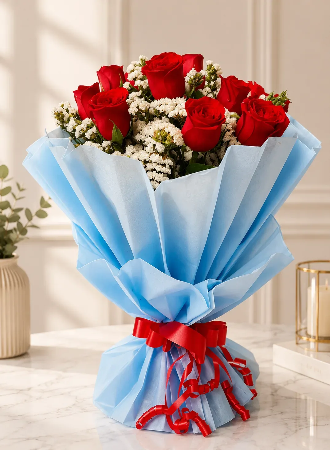 Red Rose in Blue Tissue Wrapping